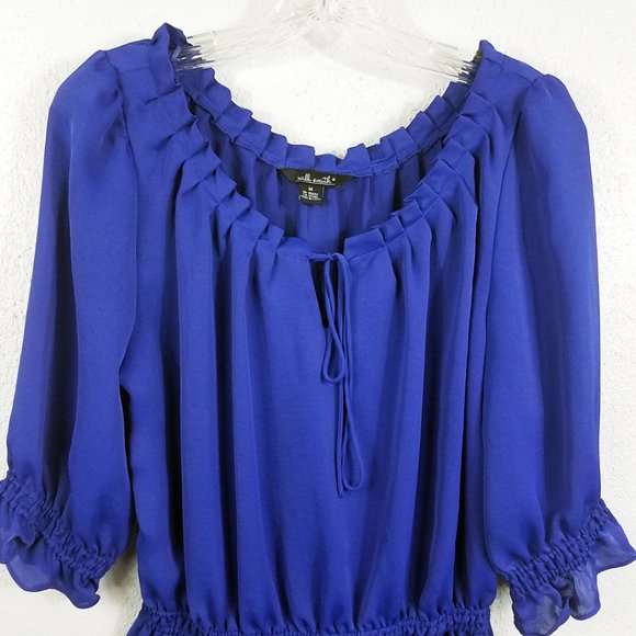 Willi Smith Women's Royal Blue Elastic Waist Tie Neck Medium Shirt Top Blouse - Picture 2 of 13
